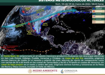CHUBASCOS EN EL NORESTE, ORIENTE Y SURESTE DEL PAÍS, ASÍ COMO RACHAS DE VIENTO EN EL NOROESTE, NORTE Y CENTRO DE MÉXICO, CON COMPONENTE NORTE EN COSTAS DE TAMAULIPAS Y VERACRUZ.