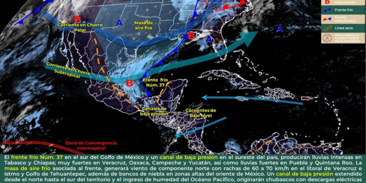 LLUVIAS PUNTUALES MUY FUERTES A INTENSAS EN EL SUR DEL LITORAL DEL GOLFO DE MÉXICO Y SURESTE DEL PAÍS.