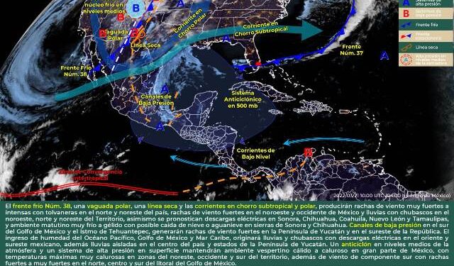 EL FRENTE FRÍO No.38 OCASIONARÁ LLUVIAS CON CHUBASCOS Y RACHAS DE VIENTO MUY FUERTES A INTENSAS EN EL NORTE Y NORESTE DE MÉXICO, ADEMÁS DE POSIBLE CAÍDA DE NIEVE EN SIERRAS DE SONORA Y CHIHUAHUA.