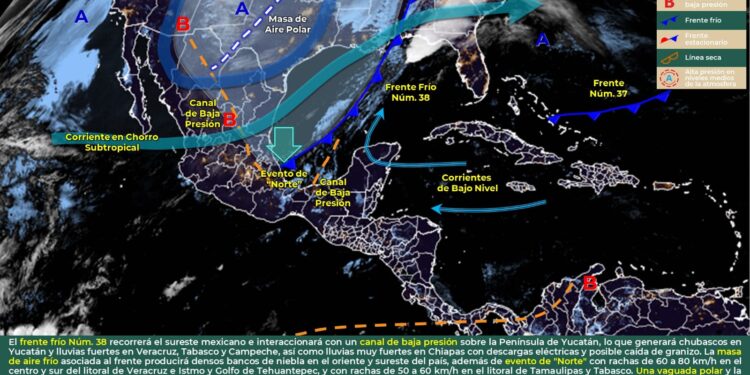 LLUVIAS PUNTUALES FUERTES A MUY FUERTES CON DESCARGAS ELÉCTRICAS EN EL ORIENTE, SUR Y SURESTE DEL PAÍS Y EL OCCIDENTE DE LA PENÍNSULA DE YUCATÁN.
