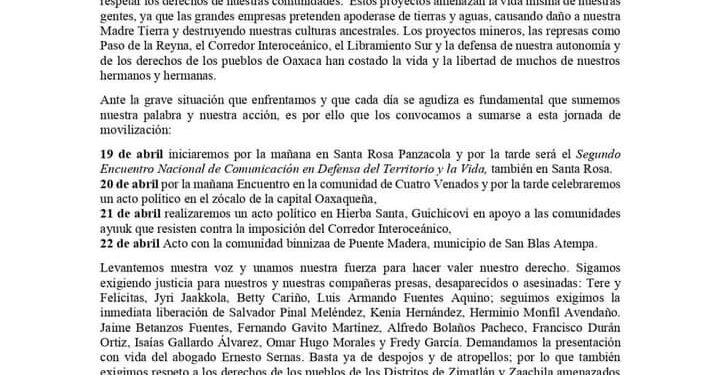 Convocatoria a la Jornada de Movilizaciones por la Defensa del Territorio