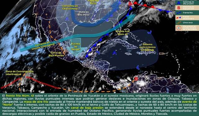 EL FRENTE FRÍO NÚM. 41 OCASIONARÁ LLUVIAS PUNTUALES INTENSAS QUE PODRÍAN GENERAR DESLAVES E INUNDACIONES EN ZONAS DE CHIAPAS, TABASCO Y CAMPECHE.
