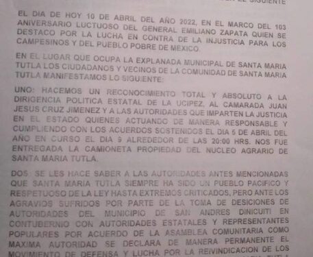 Declara Santa María Tutla un movimiento de defensa de sus derechos ante agresiones de vecinos
