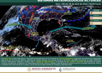 Lluvias puntuales fuertes en Chiapas y Quintana Roo, vientos fuertes con rachas de 60 a 70 km/h y posibles tolvaneras en Baja California, Sonora, Chihuahua, Coahuila y Nuevo León.