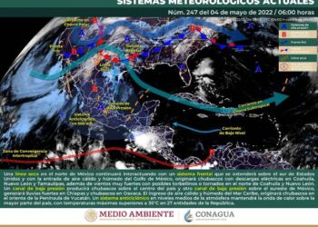 Lluvias, descargas eléctricas y posible caída de granizo en el noreste, centro, oriente y sureste de México, con probable desarrollo de torbellinos o tornados en Coahuila y Nuevo León.