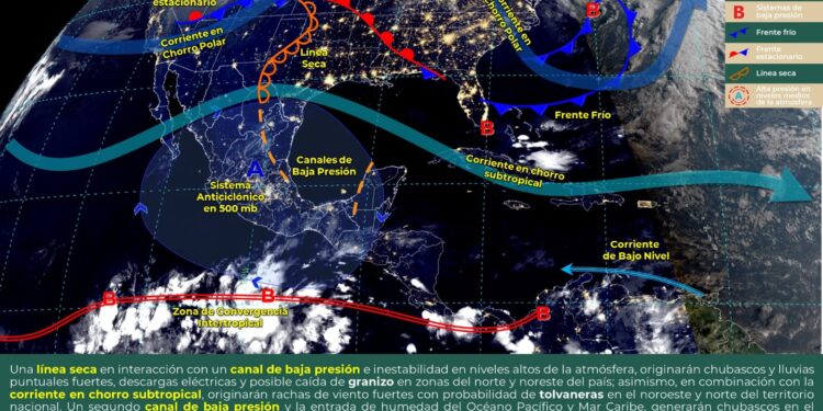 Pronostico de chubascos y lluvias puntuales fuertes, descargas eléctricas y caída de granizo en el norte, noreste, centro y sureste de México.