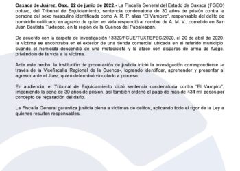 Obtiene FGEO sentencia condenatoria de 30 años de prisión contra responsable de homicidio cometido en la Cuenca