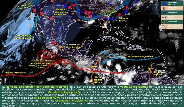 La integración de la onda tropical núm. 3 a la zona de baja presión con probabilidad para desarrollo ciclónico y la vaguada monzónica, mantienen el temporal de lluvias en el sur y sureste de México.
