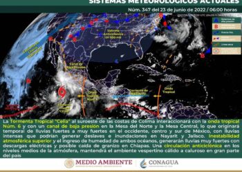 Temporal de lluvias puntuales intensas en zonas de Nayarit y Jalisco, así como lluvias muy fuertes en Chiapas, Colima, Michoacán, Durango y Sinaloa.