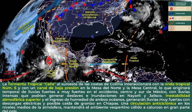 Temporal de lluvias puntuales intensas en zonas de Nayarit y Jalisco, así como lluvias muy fuertes en Chiapas, Colima, Michoacán, Durango y Sinaloa.