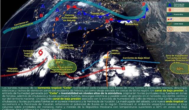 Pronóstico de lluvias puntuales intensas en zonas de Nayarit, así como lluvias muy fuertes en Sinaloa, Jalisco, Colima, Michoacán y Chiapas.