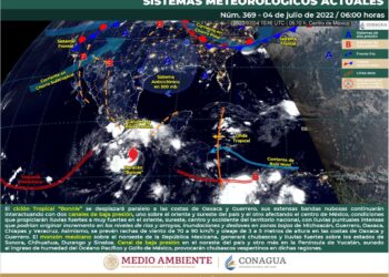 Las extensas bandas nubosas del ciclón tropical «Bonnie» y un canal de baja presión, ocasionarán lluvias puntuales intensas en zonas de Michoacán, Guerrero, Oaxaca, Chiapas y Veracruz.