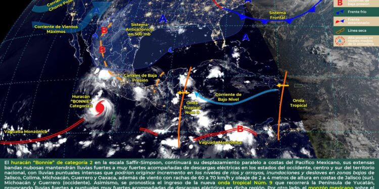 Se prevén lluvias fuertes a muy fuertes en el occidente, centro y sur del país, con lluvias puntuales intensas En Jalisco, Colima, Michoacán, Guerrero y Oaxaca.
