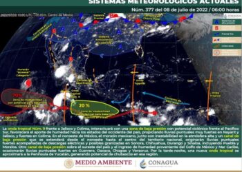 Lluvias puntuales muy fuertes en Nayarit y Jalisco, asi como vientos fuertes en el noroeste, norte y noreste de México.