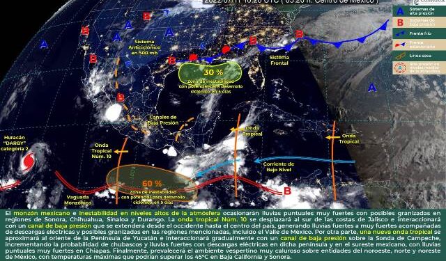 Se pronostican lluvias puntuales muy fuertes en el noroeste, occidente, centro, sur y sureste de México.