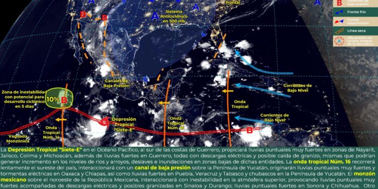 Se pronostican lluvias puntuales muy fuertes en Durango, Sinaloa, Nayarit, Jalisco, Michoacán, Colima, Oaxaca y Chiapas.