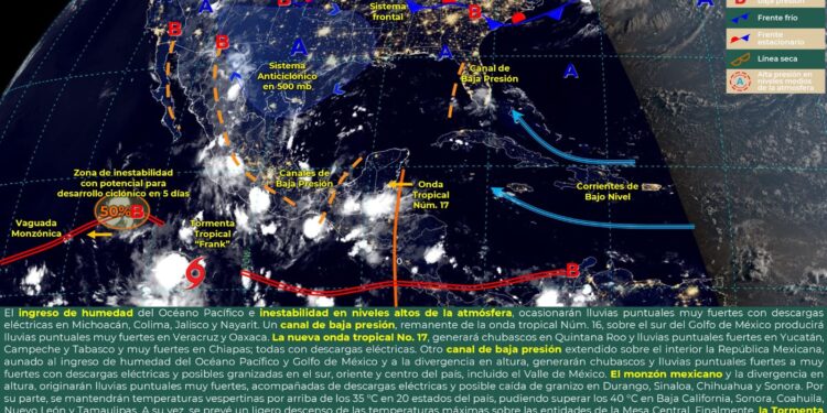 Se pronostican lluvias puntuales muy fuertes en zonas del noroeste, occidente, sur y sureste del país.