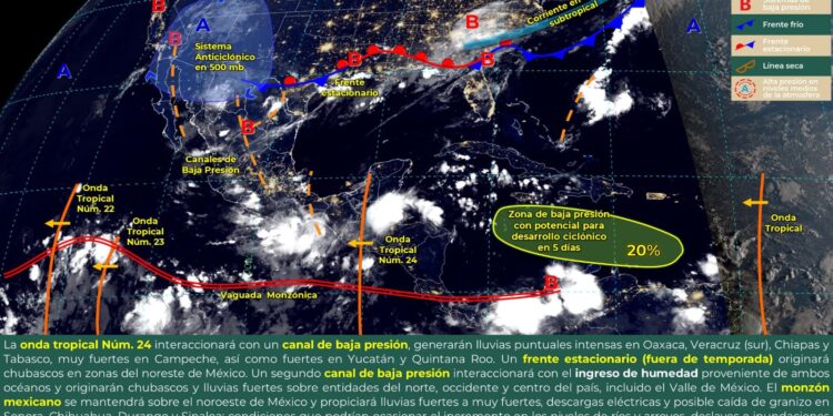 La onda tropical núm. 24 ocasionará lluvias puntuales intensas en Veracruz, Tabasco, Oaxaca y Chiapas.