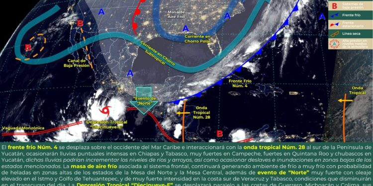 Se pronostican lluvias puntuales intensas en Guerrero, Chiapas y Tabasco, y muy fuertes en Michoacán y Campeche, por efectos del frente frío núm. 4, la onda tropical núm. 28 y la depresión tropical “diecinueve-e”