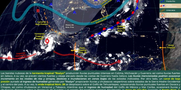 La tormenta tropical «Roslyn» ocasionará lluvias fuertes a intensas en Guerrero, fuertes en Oaxaca y Chiapas.