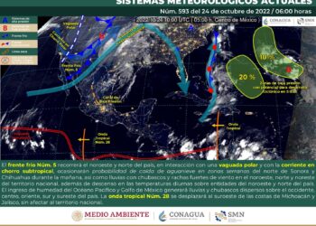 El frente frío núm. 5 y una vaguada polar ocasionarán vientos fuertes, lluvias con chubascos y descenso de temperaturas en el noroeste, norte y noreste del país.