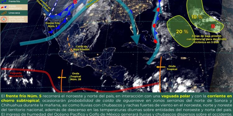 El frente frío núm. 5 y una vaguada polar ocasionarán vientos fuertes, lluvias con chubascos y descenso de temperaturas en el noroeste, norte y noreste del país.