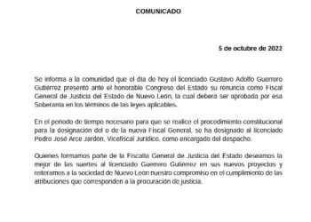 Gustavo Adolfo Guerrero, renuncia como fiscal general de justicia en Nuevo León