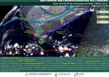 El sistema frontal núm. 9 y su masa de aire frío originarán lluvias puntuales intensas en Veracruz, Tabasco, Chiapas y Oaxaca, así como evento de «norte» fuerte a muy fuerte en los litorales de Tamaulipas, Veracruz, Istmo y Golfo De Tehuantepec