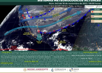 El frente núm. 9 y su masa de aire frío reforzada, propiciarán lluvias intensas a puntuales torrenciales en Chiapas y Tabasco, así como evento de «norte» en el litoral del golfo de México, Istmo y Golfo De Tehuantepec.