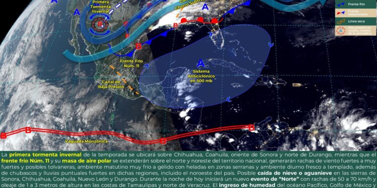 El frente frío núm. 11 y su masa de aire polar asociada en interacción con la primera tormenta invernal de la temporada, generan condiciones invernales en el noroeste, norte y noreste de México.