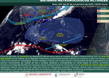 Se pronostican lluvias puntuales intensas en san Luis Potosí y Veracruz, además de fuertes rachas de viento en el Istmo y Golfo de Tehuantepec.